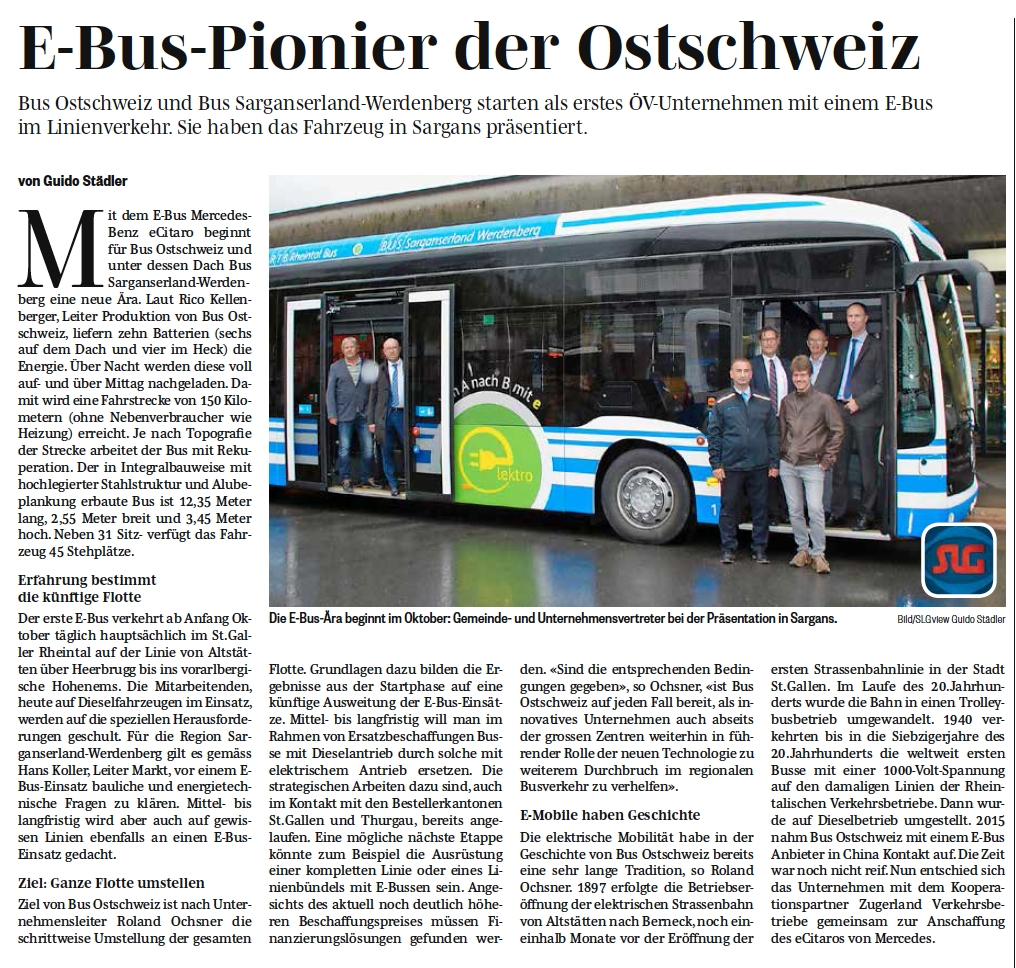 E-Bus für die Bus Ostschweiz und die Bus Sarganserland-Werdenberg