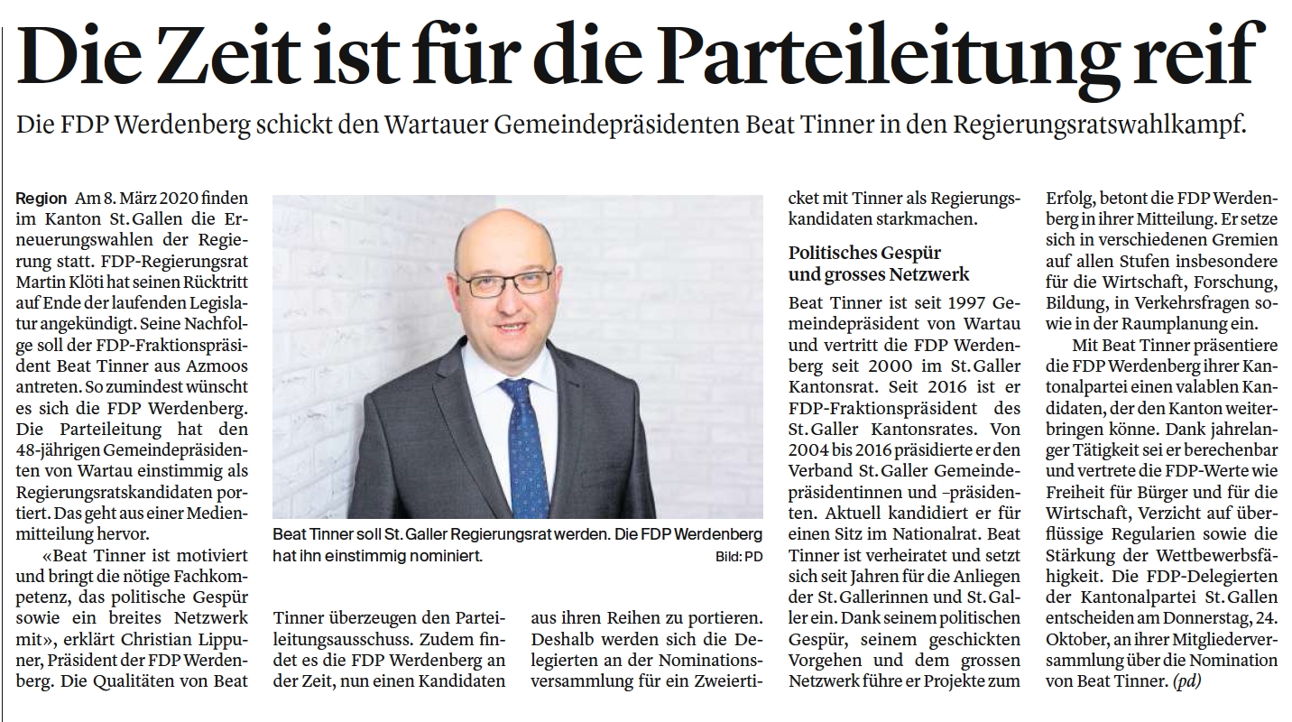 FDP Werdenberg schickt Beat Tinner in Regierungsratswahlkampf