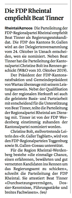 FDP Rheintal unterstützt Beat Tinner als Regierungsratskandidat